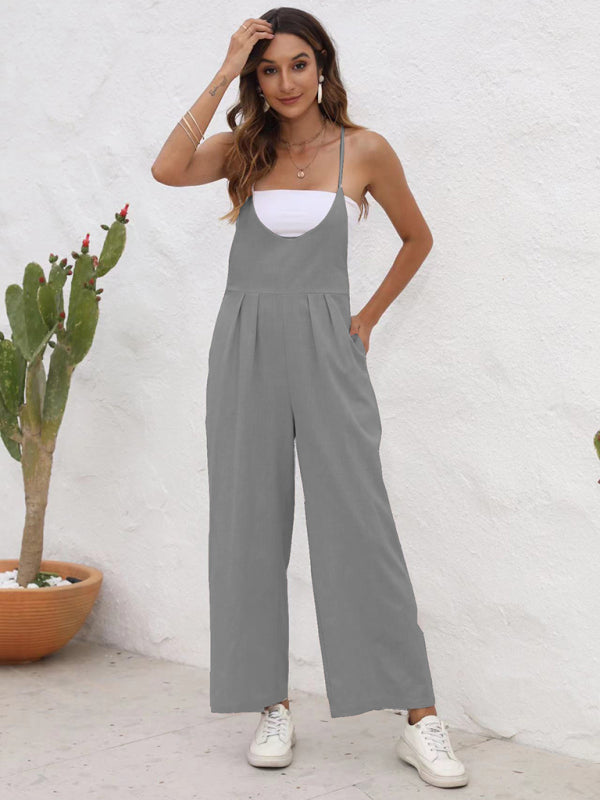 Overalls- Full-Length Bib Playsuit with Tie-Back - Women's Solid Overalls- Grey- IndioGear Fashion and Gear