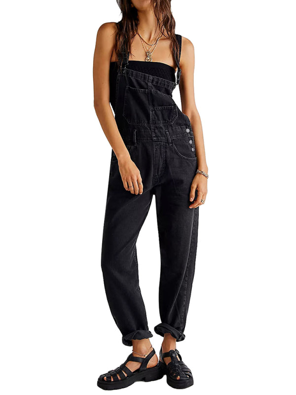 Overalls- Loose Bib Jeans Utility Overalls - Women's Denim Playsuit- Black- IndioGear Fashion and Gear