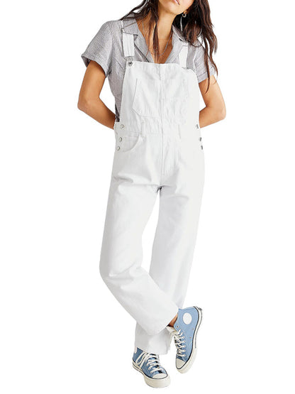 Overalls- Loose Bib Jeans Utility Overalls - Women's Denim Playsuit- White- IndioGear Fashion and Gear