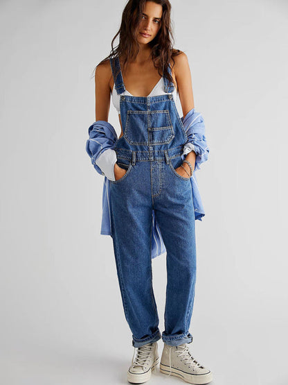 Overalls- Loose Bib Jeans Utility Overalls - Women's Denim Playsuit- Purplish blue navy- IndioGear Fashion and Gear