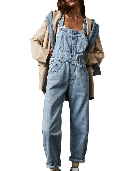 Overalls- Loose Bib Jeans Utility Overalls - Women's Denim Playsuit- Clear blue- IndioGear Fashion and Gear