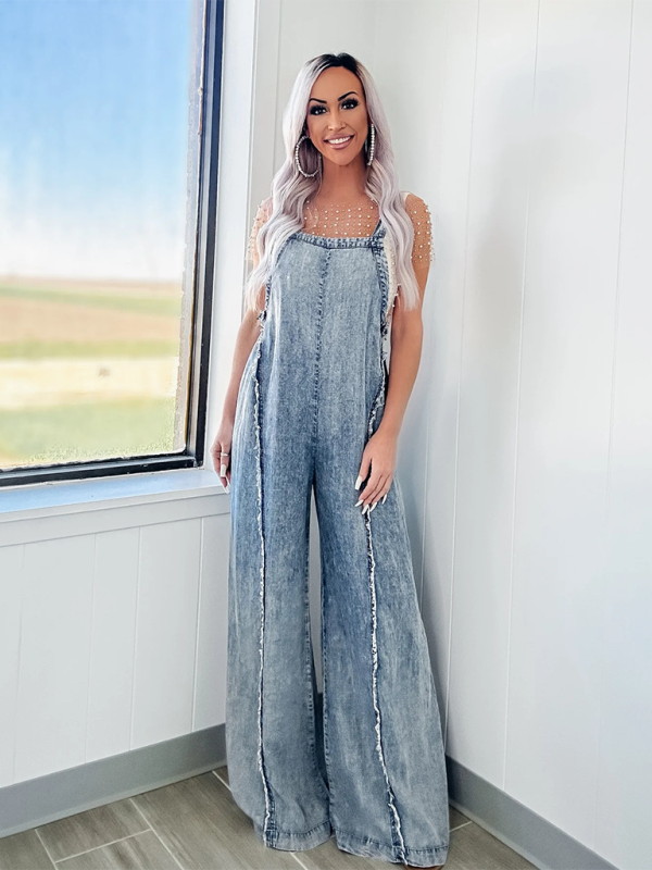 Overalls- Trendy Wide-Leg Denim Playsuit Overalls for Women- - IndioGear.com