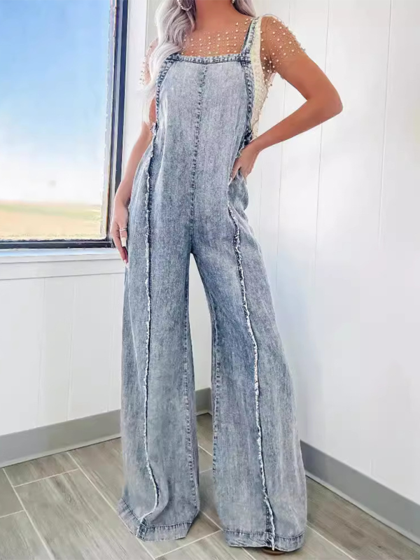 Overalls- Trendy Wide-Leg Denim Playsuit Overalls for Women- - IndioGear.com