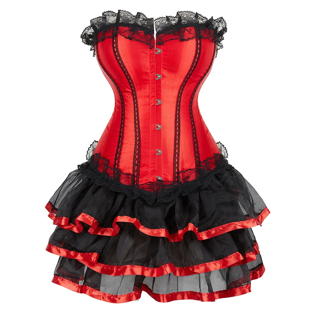 Overbust Corset Dress- Women Overbust Corset Dress Set for Costume Theatrical- Red Style 1- Chuzko Women Clothing