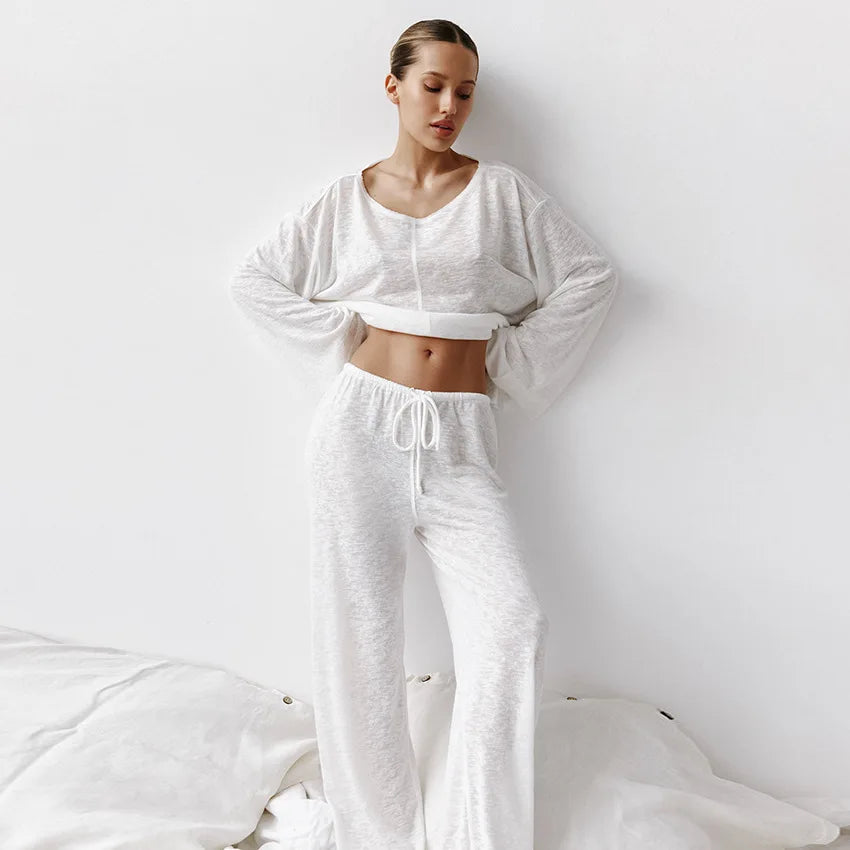 Pajamas- All-Season Pants Set Loungewear with Top for Women- White- IndioGear.com