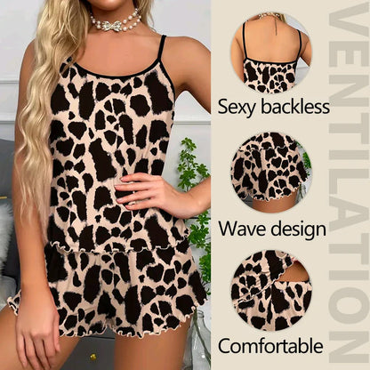 Lounging Animal Print Peplum Set with Cami & Shorts in Leopard