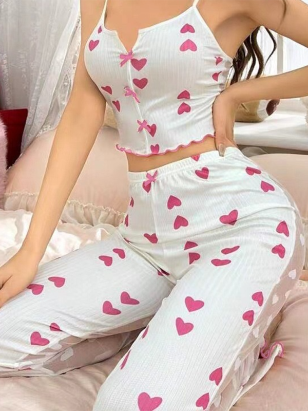 Pajamas- Cherry Print Pajamas Cami top & Pants in Contrast Mesh- - IndioGear.com