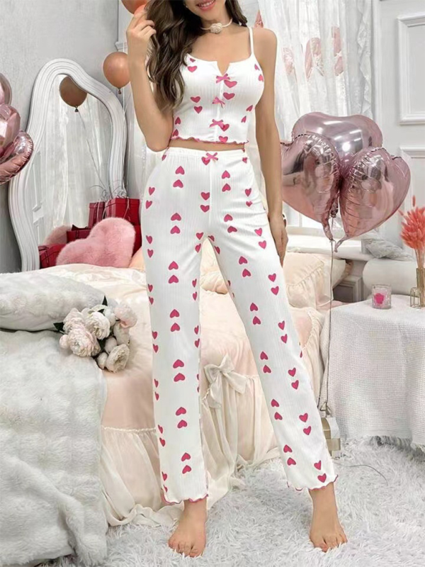 Pajamas- Cherry Print Pajamas Cami top & Pants in Contrast Mesh- - IndioGear.com