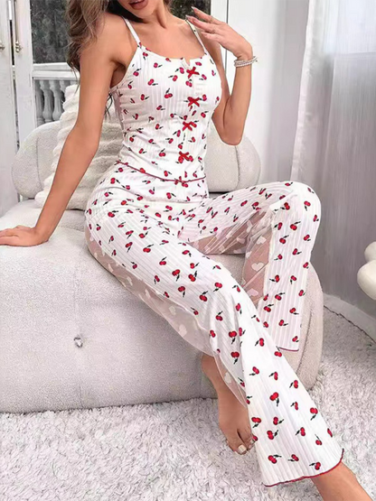 Pajamas- Cherry Print Pajamas Cami top & Pants in Contrast Mesh- Pattern1- IndioGear.com