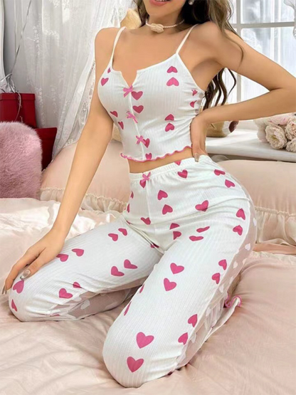 Pajamas- Cherry Print Pajamas Cami top & Pants in Contrast Mesh- Rose- IndioGear.com