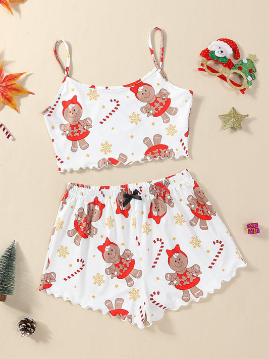 Pajamas- Christmas Gingerbread Pajama Set Holiday Cami & Shorts- White- IndioGear Women Clothing