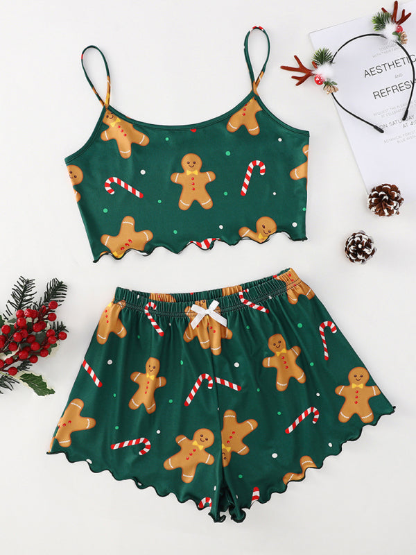 Pajamas- Gingerbread & Snowman Holiday Sleepwear Christmas Pajama Set- Green- IndioGear Women Clothing