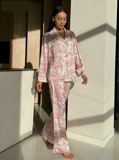 - Pajamas Loungewear Matching Set – Silky Flower Print Pajamas Suit- Pink- IndioGear.com