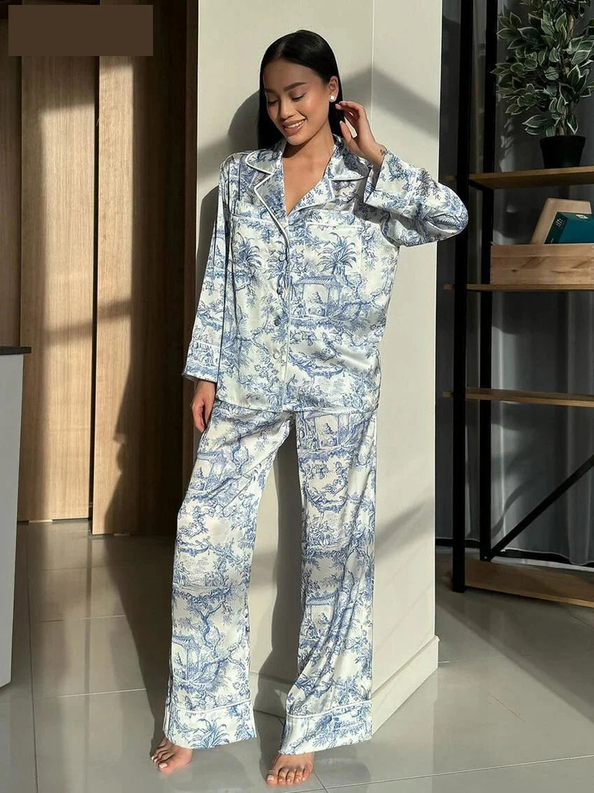 - Pajamas Loungewear Matching Set – Silky Flower Print Pajamas Suit- Blue- IndioGear.com