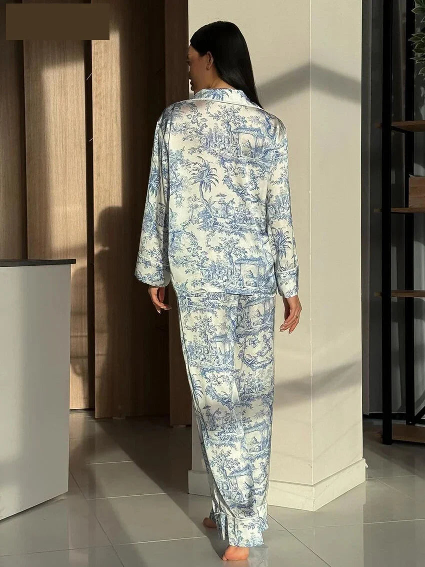 - Pajamas Loungewear Matching Set – Silky Flower Print Pajamas Suit- - IndioGear.com