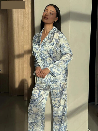 - Pajamas Loungewear Matching Set – Silky Flower Print Pajamas Suit- - IndioGear.com