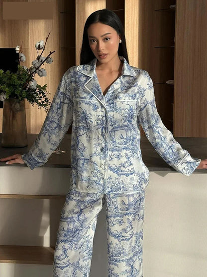 - Pajamas Loungewear Matching Set – Silky Flower Print Pajamas Suit- - IndioGear.com