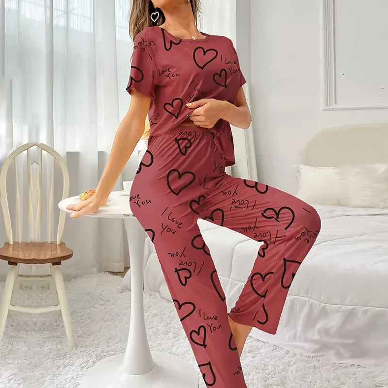 Pajamas- Love at First Wear Comfy Women's Heart Print Pajama Set- - IndioGear.com