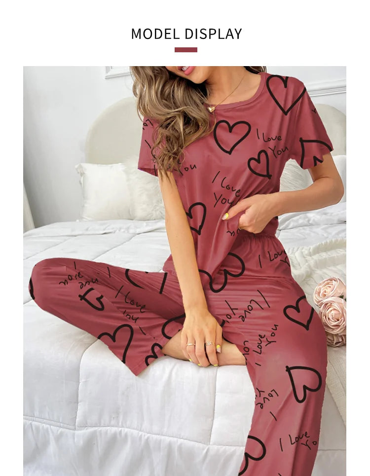 Pajamas- Love at First Wear Comfy Women's Heart Print Pajama Set- - IndioGear.com