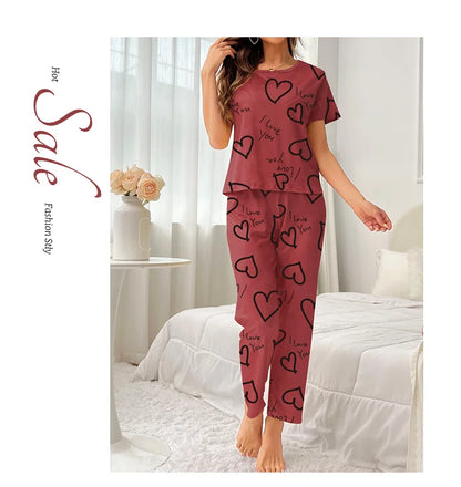 Pajamas- Love at First Wear Comfy Women's Heart Print Pajama Set- - IndioGear.com