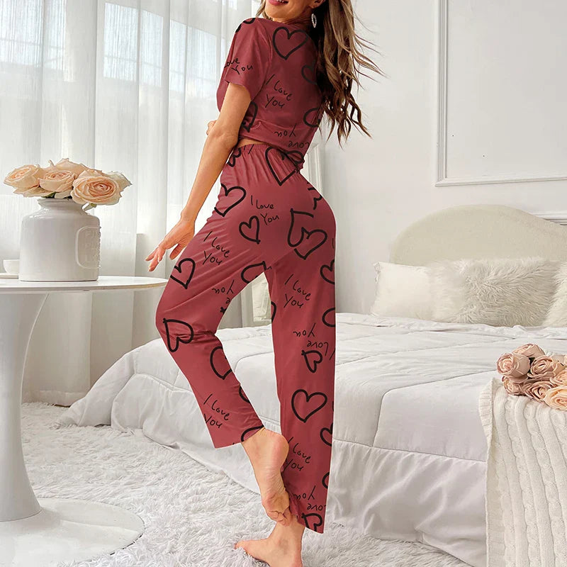 Pajamas- Love at First Wear Comfy Women's Heart Print Pajama Set- - IndioGear.com