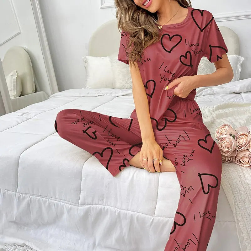 Pajamas- Love at First Wear Comfy Women's Heart Print Pajama Set- - IndioGear.com