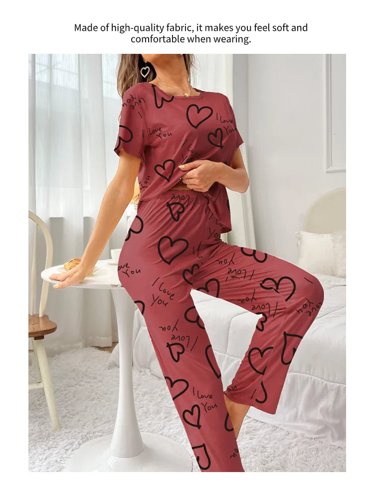 Pajamas- Love at First Wear Comfy Women's Heart Print Pajama Set- - IndioGear.com