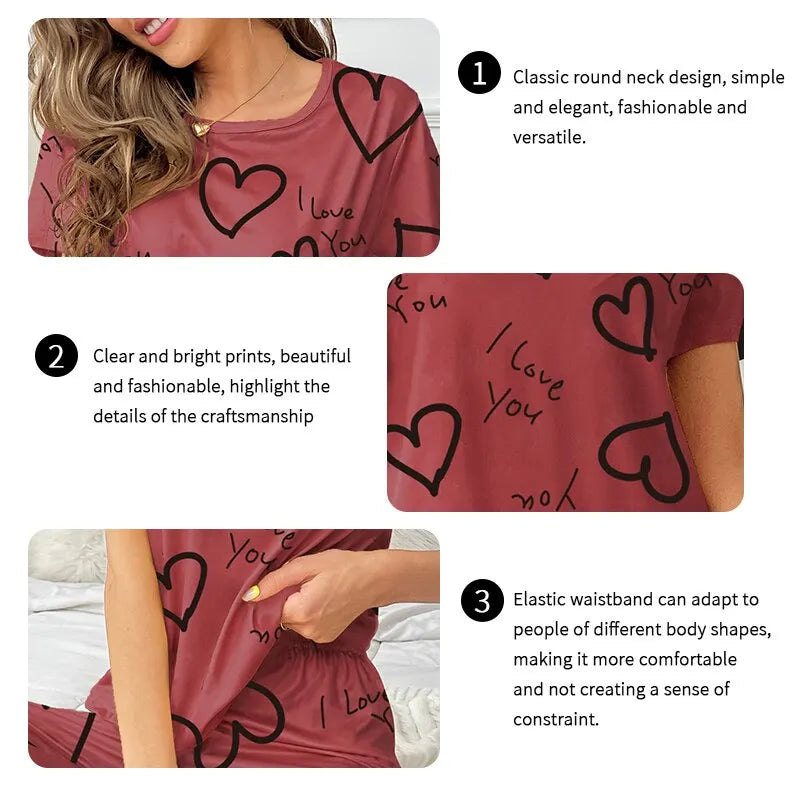 Pajamas- Love at First Wear Comfy Women's Heart Print Pajama Set- - IndioGear.com