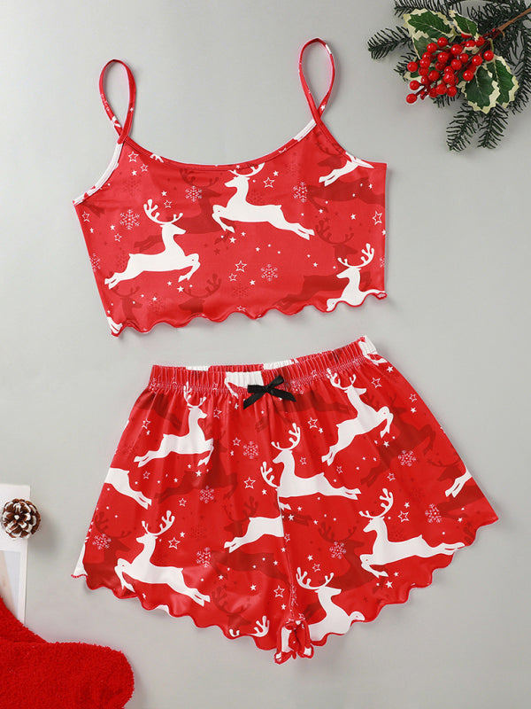 Pajamas- Santa Claus Holiday Pajama Set Reindeer Print Loungewear- Red- IndioGear Women Clothing