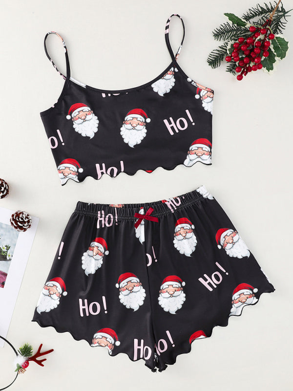 Pajamas- Santa Claus Holiday Pajama Set Reindeer Print Loungewear- Pattern1- IndioGear Women Clothing