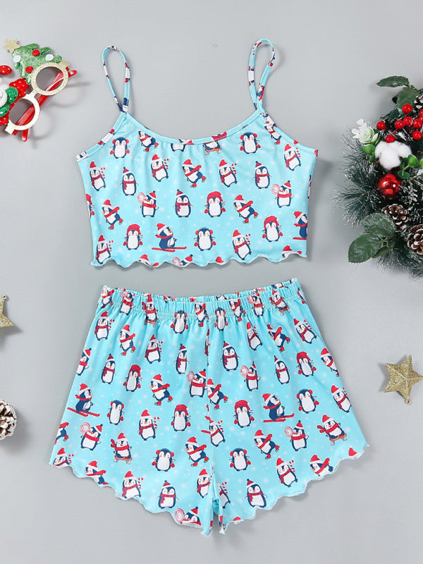 Pajamas- Santa Claus Holiday Pajama Set Reindeer Print Loungewear- Pattern2- IndioGear Women Clothing