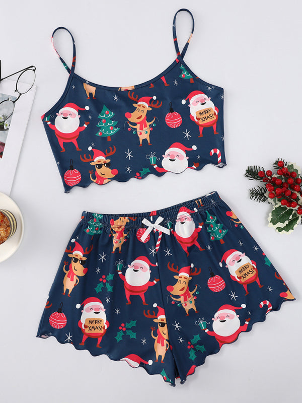 Pajamas- Santa Claus Holiday Pajama Set Reindeer Print Loungewear- Pattern4- IndioGear Women Clothing