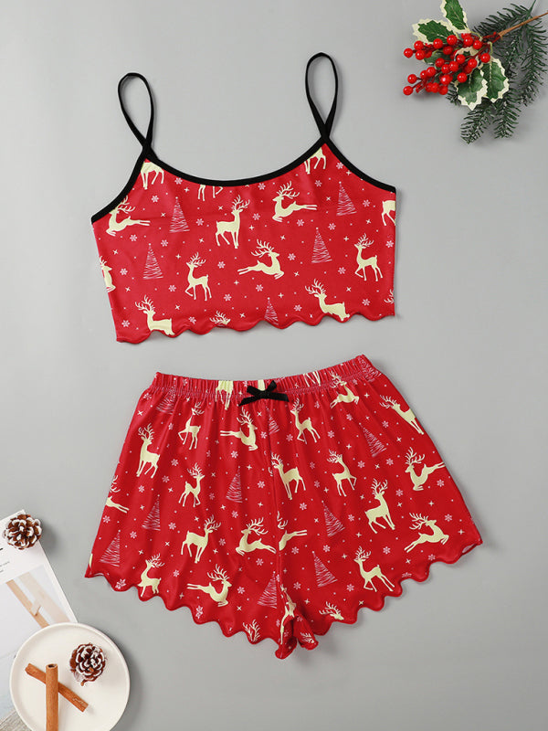 Pajamas- Santa & Reindeer Cami Pajamas Holiday-Themed Sleepwear- Red- IndioGear Women Clothing