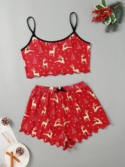 Pajamas- Santa & Reindeer Cami Pajamas Holiday-Themed Sleepwear- Red- IndioGear Women Clothing