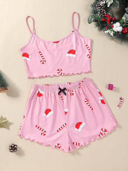 Pajamas- Santa & Reindeer Cami Pajamas Holiday-Themed Sleepwear- Pattern4- IndioGear Women Clothing