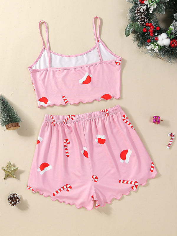 Pajamas- Santa & Reindeer Cami Pajamas Holiday-Themed Sleepwear- - IndioGear Women Clothing