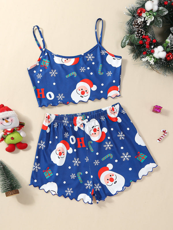 Pajamas- Santa & Reindeer Cami Pajamas Holiday-Themed Sleepwear- Pattern3- IndioGear Women Clothing