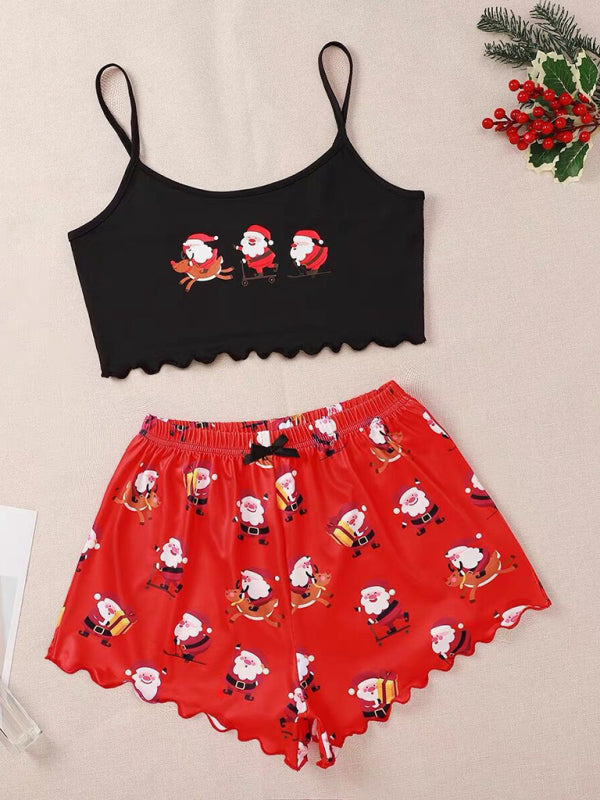 Pajamas- Santa & Reindeer Cami Pajamas Holiday-Themed Sleepwear- Pattern1- IndioGear Women Clothing