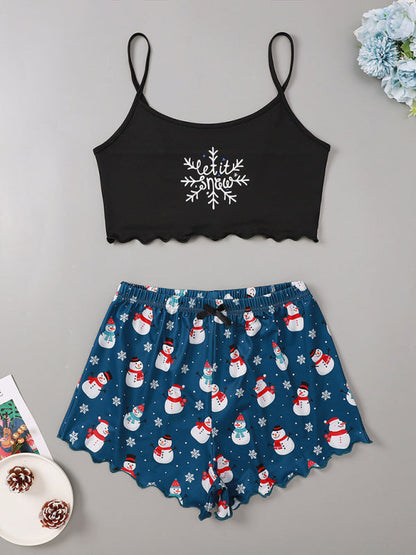 Pajamas- Santa & Reindeer Cami Pajamas Holiday-Themed Sleepwear- Pattern2- IndioGear Women Clothing