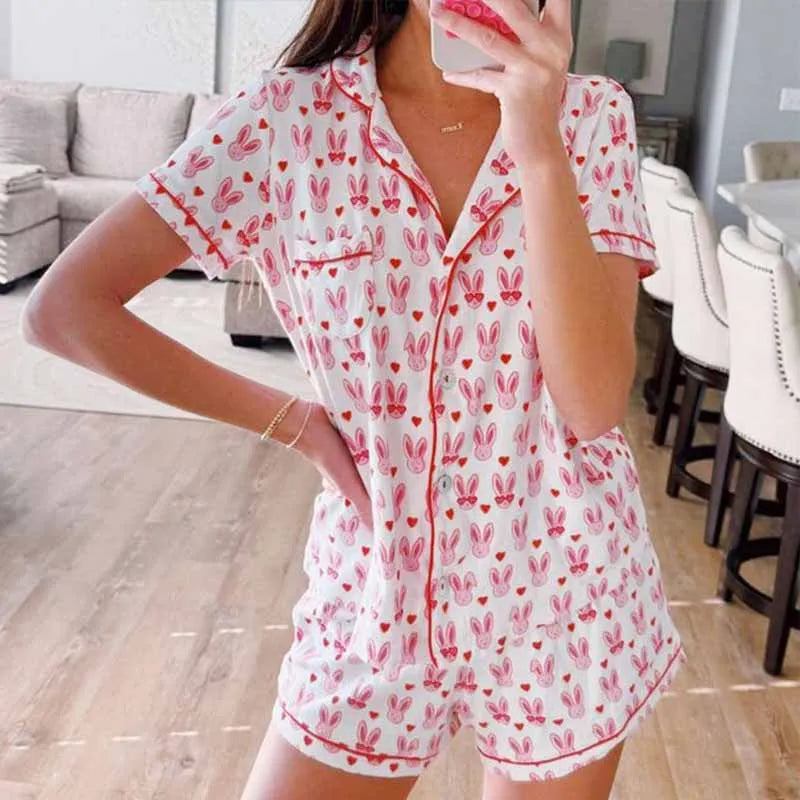 Pajamas Set- Bunny Print Pajamas – 2-Piece Shorts & Shirt Set- Pattern3- IndioGear.com