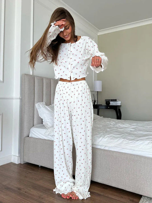 Pajamas Set- Comfy Floral Pajama Suit Pants & Crop Top Loungewear- White- IndioGear Women Clothing