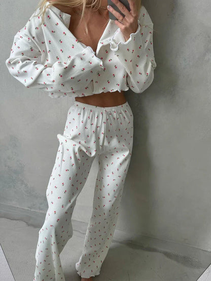 Pajamas Set- Comfy Floral Pajama Suit Pants & Crop Top Loungewear- - IndioGear Women Clothing