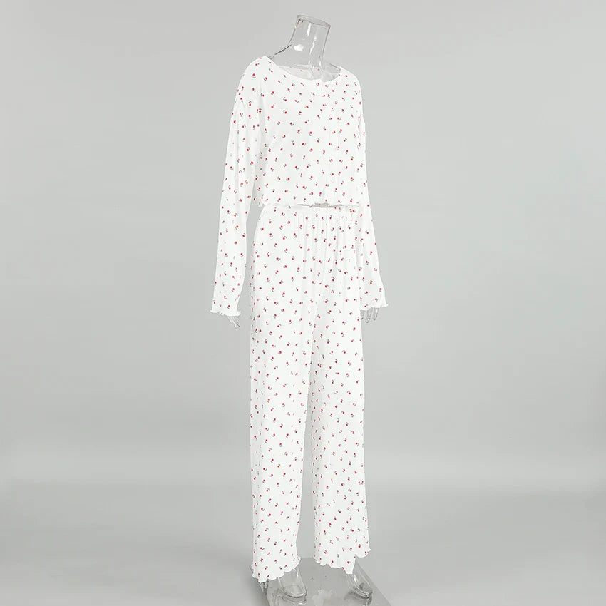 Pajamas Set- Comfy Floral Pajama Suit Pants & Crop Top Loungewear- - IndioGear Women Clothing