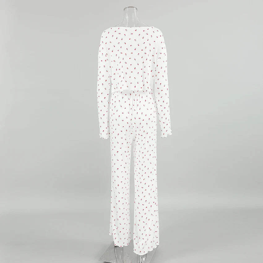 Pajamas Set- Comfy Floral Pajama Suit Pants & Crop Top Loungewear- - IndioGear Women Clothing