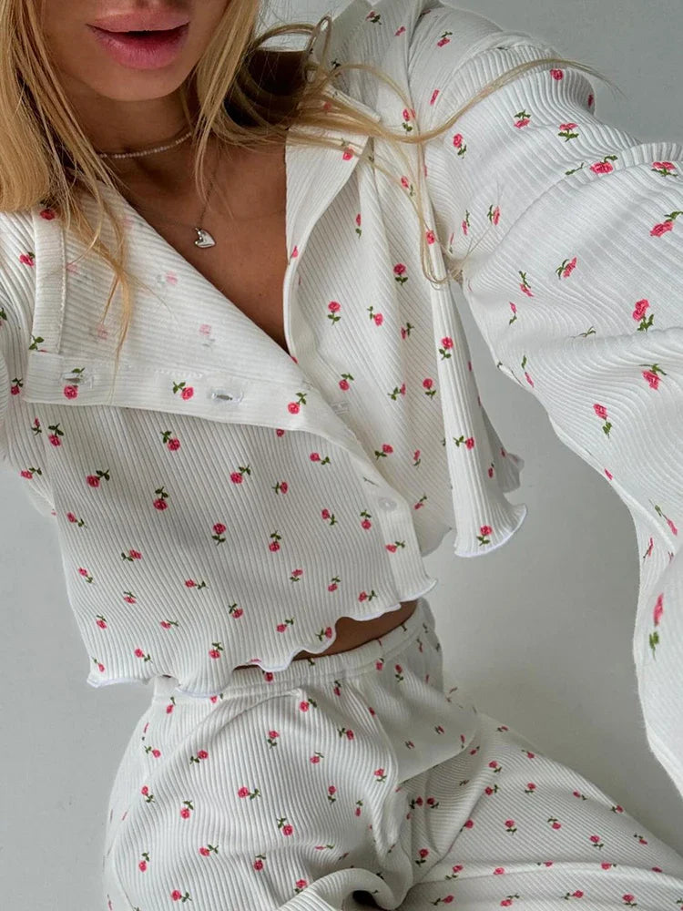 Pajamas Set- Comfy Floral Pajama Suit Pants & Crop Top Loungewear- - IndioGear Women Clothing