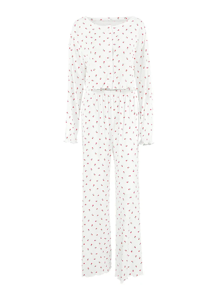 Pajamas Set- Comfy Floral Pajama Suit Pants & Crop Top Loungewear- - IndioGear Women Clothing