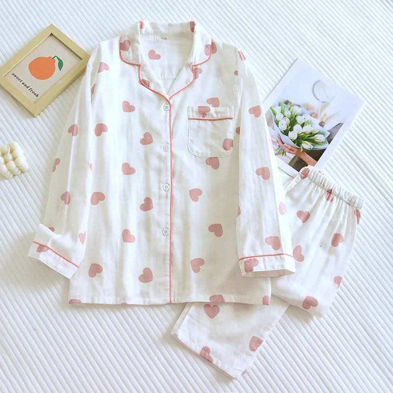 Pajamas Set - Cotton Pajamas for Women Heart Print Set