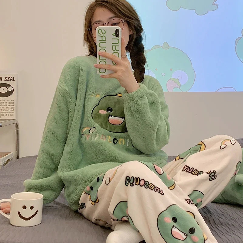 Pajamas Set- Cozy Anime Fleece Pajamas Sleepwear Polar Nightwear- Green- IndioGear Women Clothing