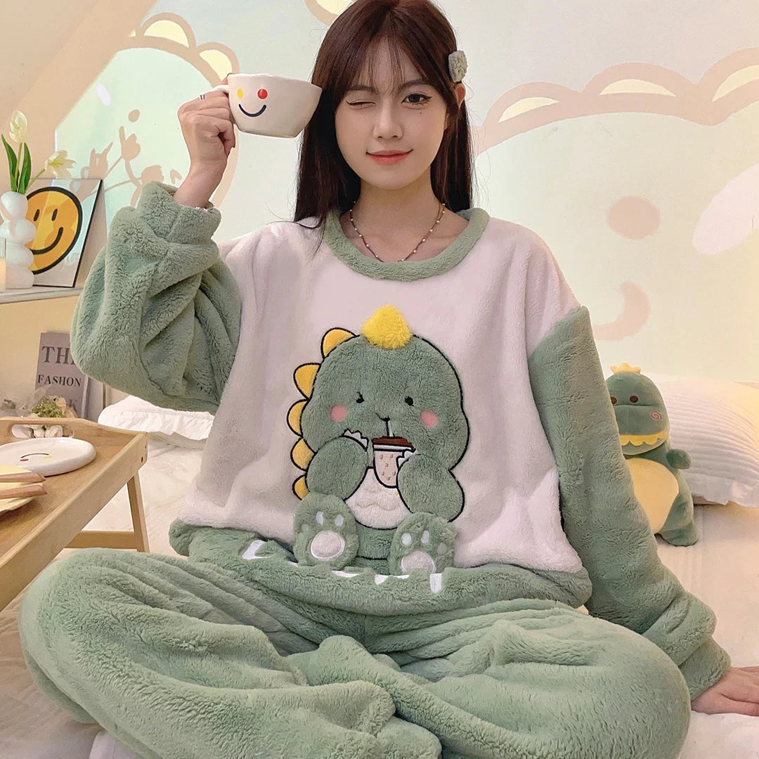 Pajamas Set- Cozy Anime Fleece Pajamas Sleepwear Polar Nightwear- White- IndioGear Women Clothing