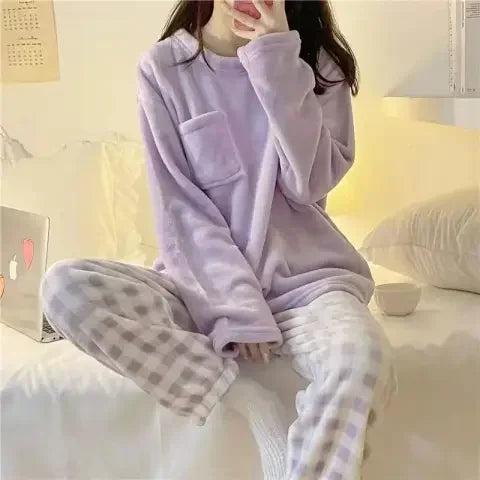 Pajamas Set- Fleece 2-Piece Pajama Set Winter Nights Sleepwear- Pattern7- IndioGear Women Clothing